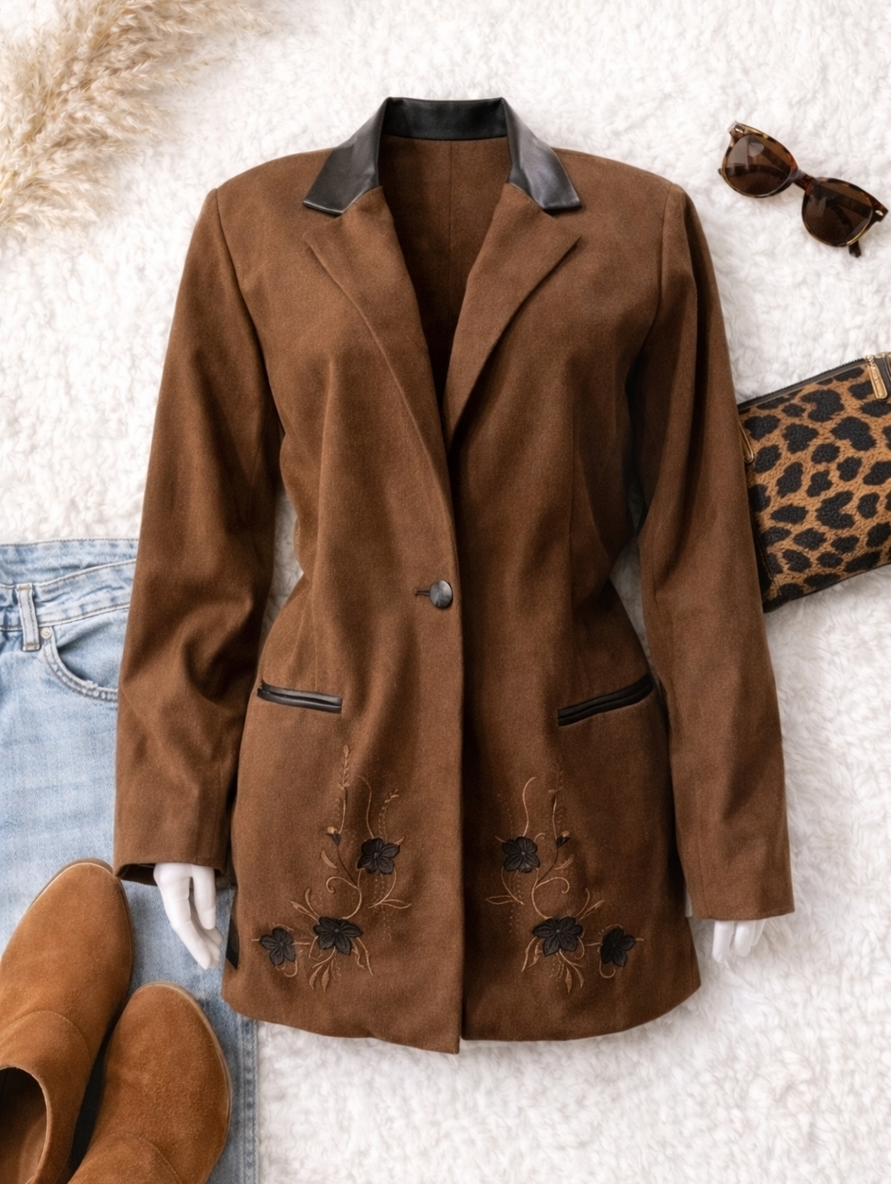 Coldwater Creek faux leather trim brown blazer with floral embroidery details.Β
